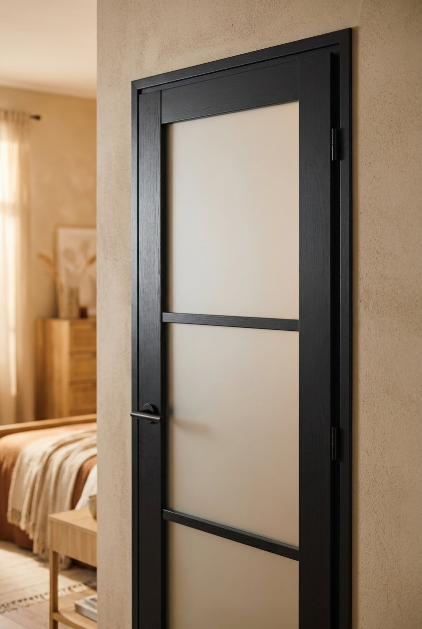 Internal Made-to-Measure Black Door Fully Finished with 3 Light Obscure Glass - detail view
