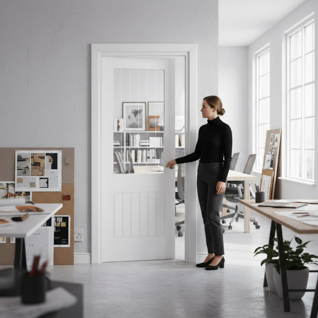 Premium Internal Cottage Door with 1 Etched Clear Glass Pane, Primed Finish, and Semi-Solid Core for Modern Interiors