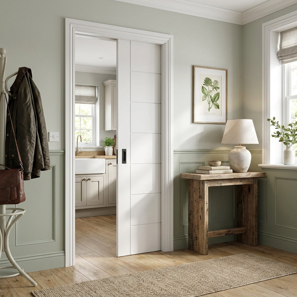 Internal Pocket Door Set, White Primed, 100mm Framed Pedrena 7 Panel
