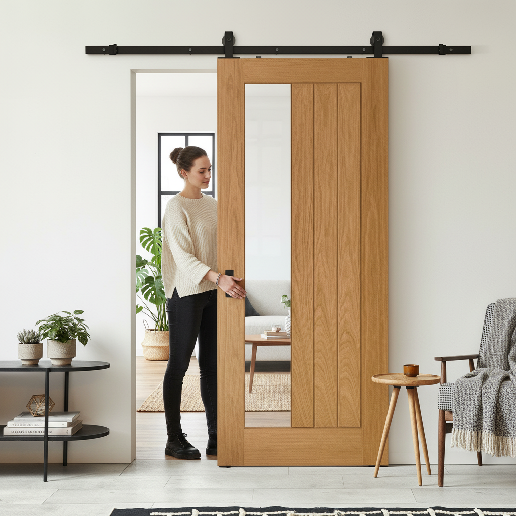 Premium Oak Internal Fully Finished Sliding Door with Clear Offset Glass Design and Black Top Mounted Kit for Modern Spaces