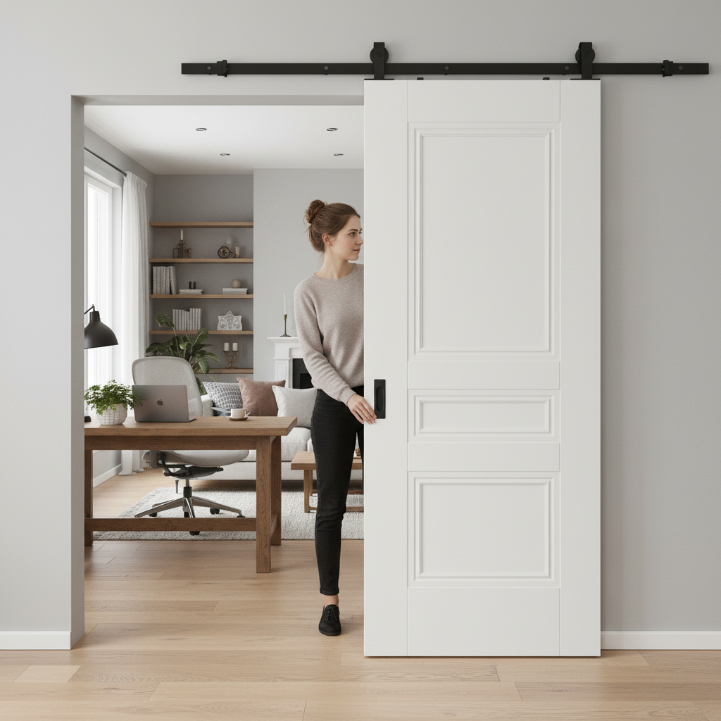 White Internal Primed Elegance Henley Sliding Door with Black Steel Track for Contemporary Home Design - Image 2