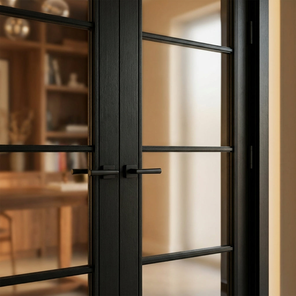 Internal French Door with 4 Light Obscure Glass, Fully Finished, Jet Black - detail view