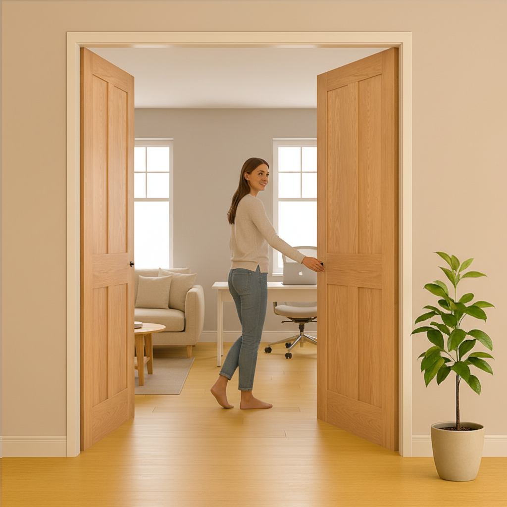 Premium Double Pocket Door Set with Oak Finish, Galvanized Steel Frame, and Space-Saving Design Options