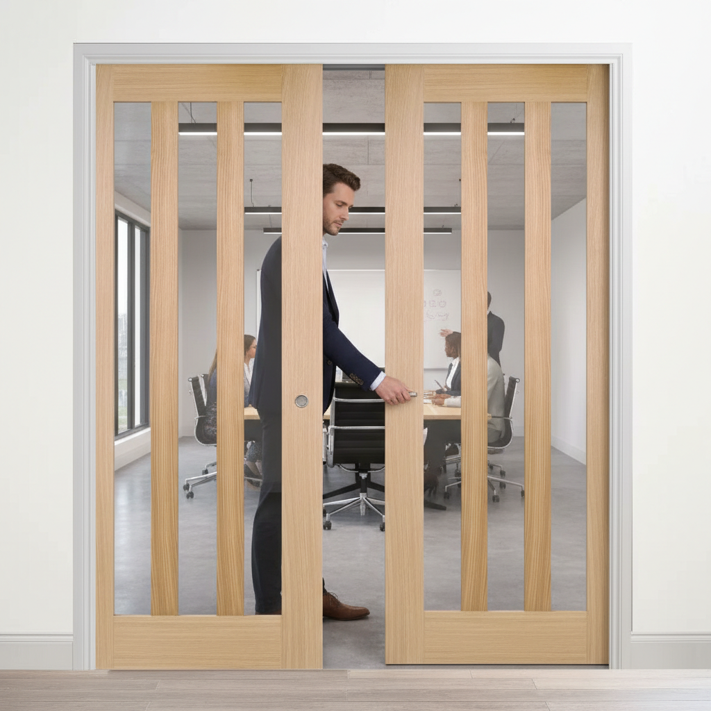 Premium Clear Glazed Telescopic Pocket Door System with Wooden Frame and Efficient Space Saving Design