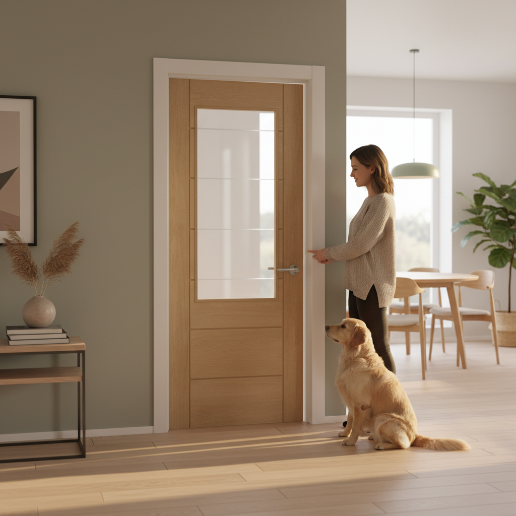 Premium Oak Door with Clear Etched Glass - Luxury Deep Chamfered U-Grooves, Engineered Construction, and 2/3 Glazing