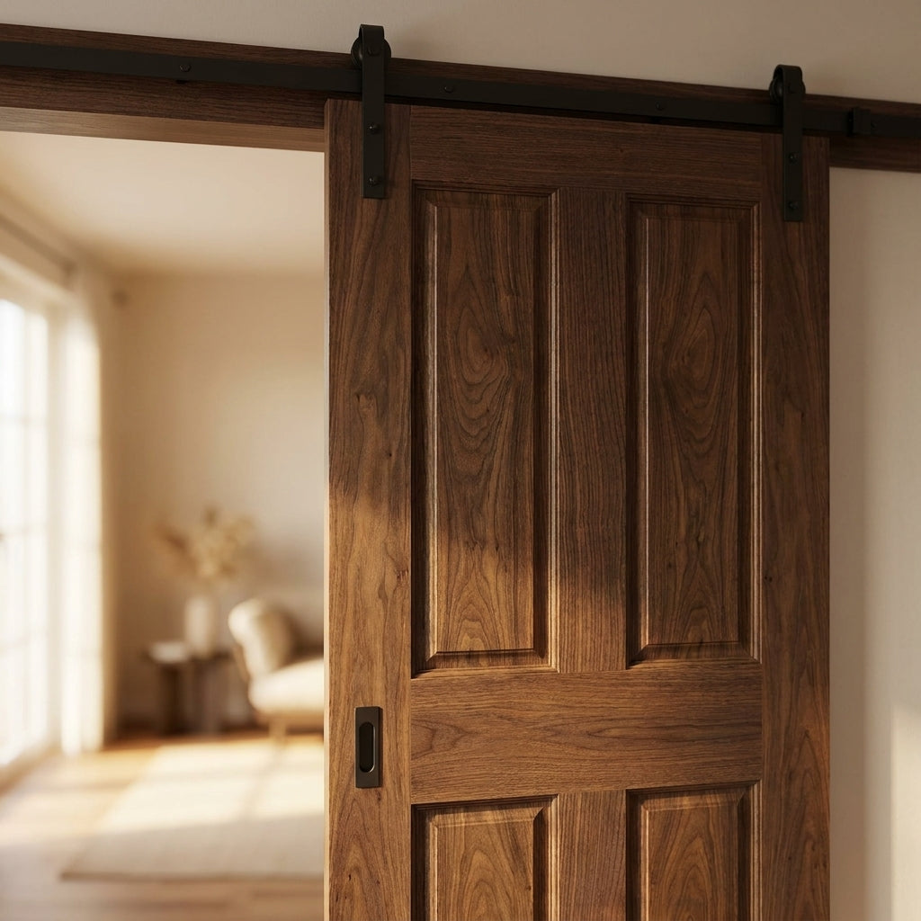 Fully Finished Walnut Internal Sliding Door with 4 Panels and Black Top Mount - detail view