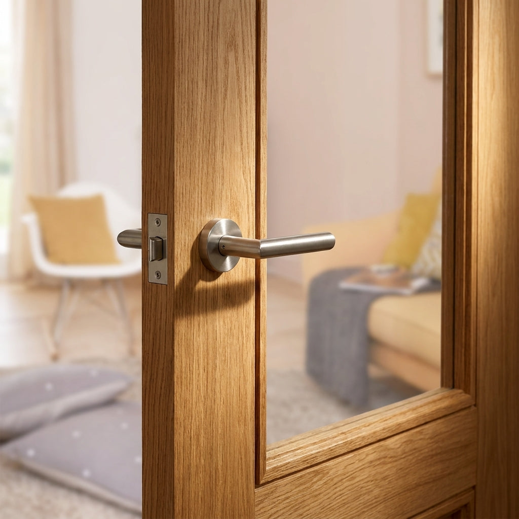 Internal Oak Fire Door FD30 Rated, Fully Finished with 1 Light Clear Glass - detail view