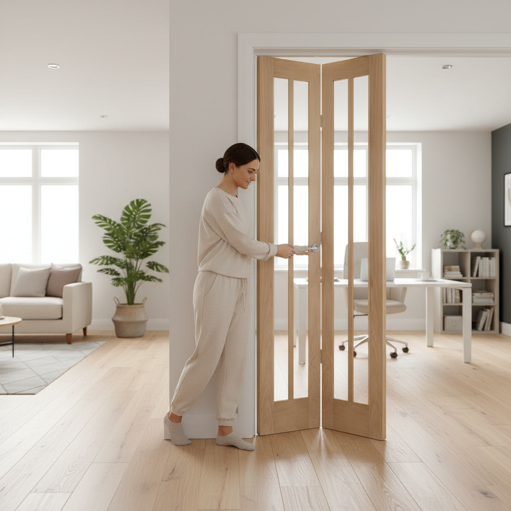 Premium Internal Clear Glazed Bifold Door - Space-Saving Design, Unfinished for Custom Finish