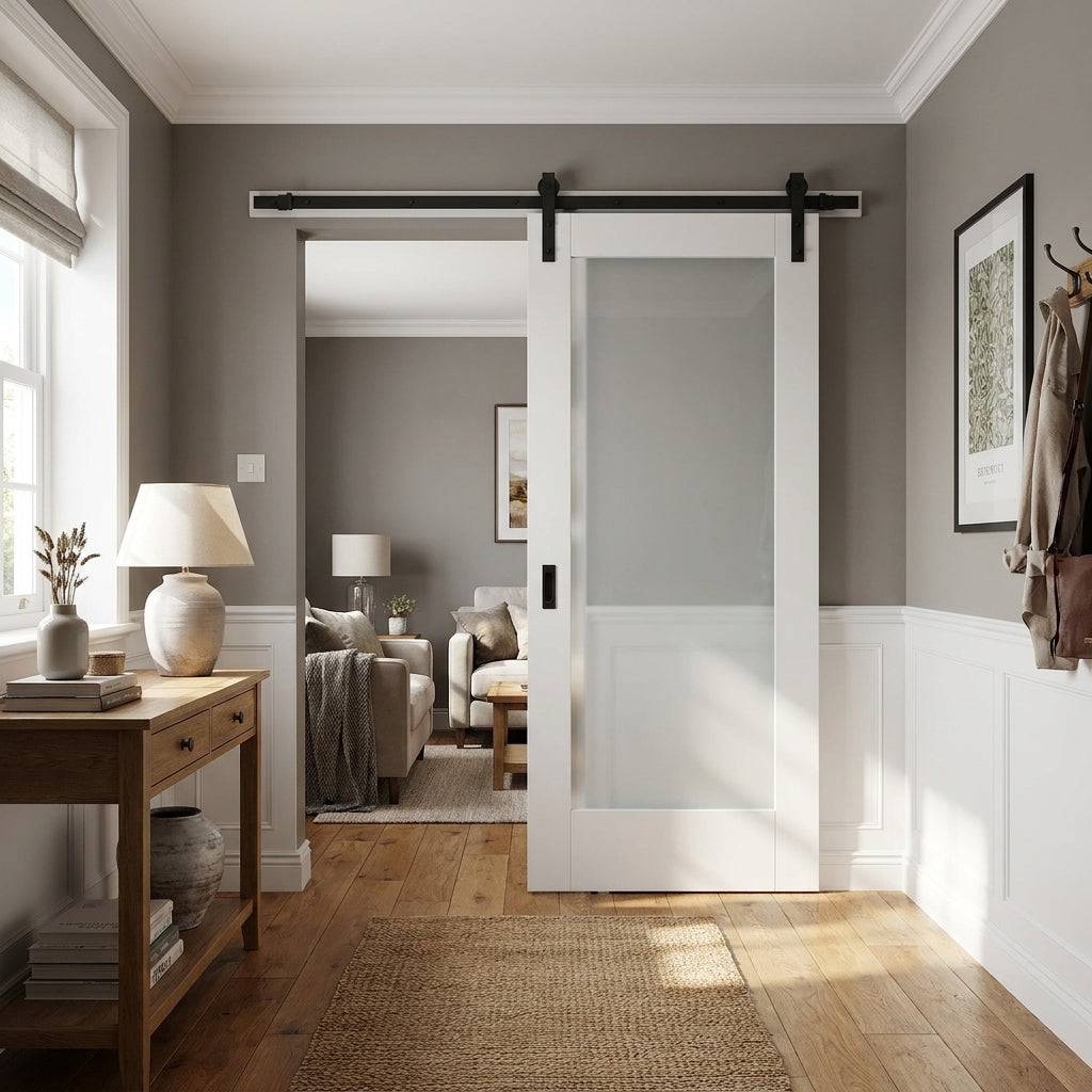 White Internal Sliding Door with 1 Light Obscure Glass, Primed Finish