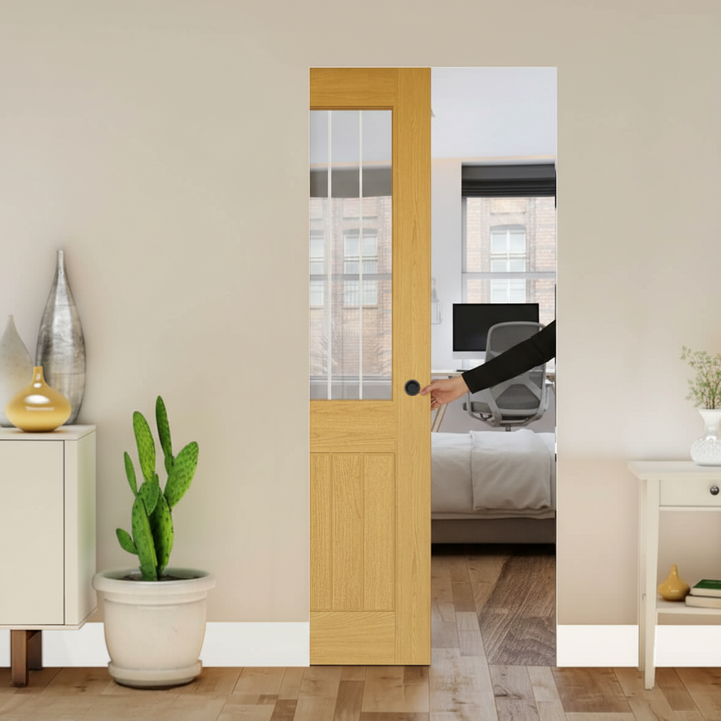 Premium Oak Clear Glazed Flush Pocket Door Set - Space-Saving Design with No Bottom Track and 15-Year Guarantee