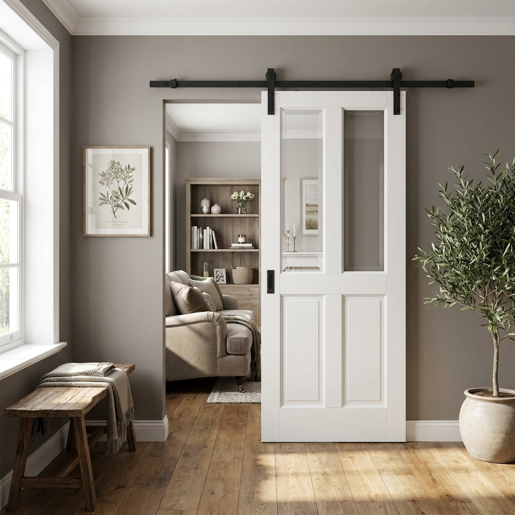 Internal White Sliding Door Primed Finish 2 Panel 2 Light Clear Bevelled Glass
