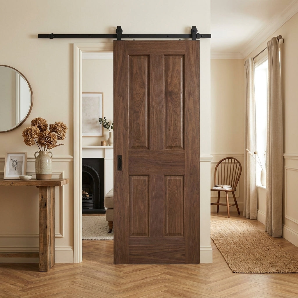 Fully Finished Walnut Internal Sliding Door with 4 Panels and Black Top Mount