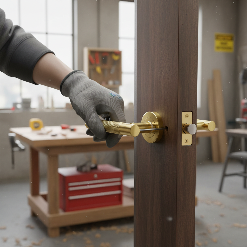 Knurled Round Rose Lever Door Bathroom Handle Set in Satin Brass Finish with Privacy Bullet Latch and Ball Bearing Hinges