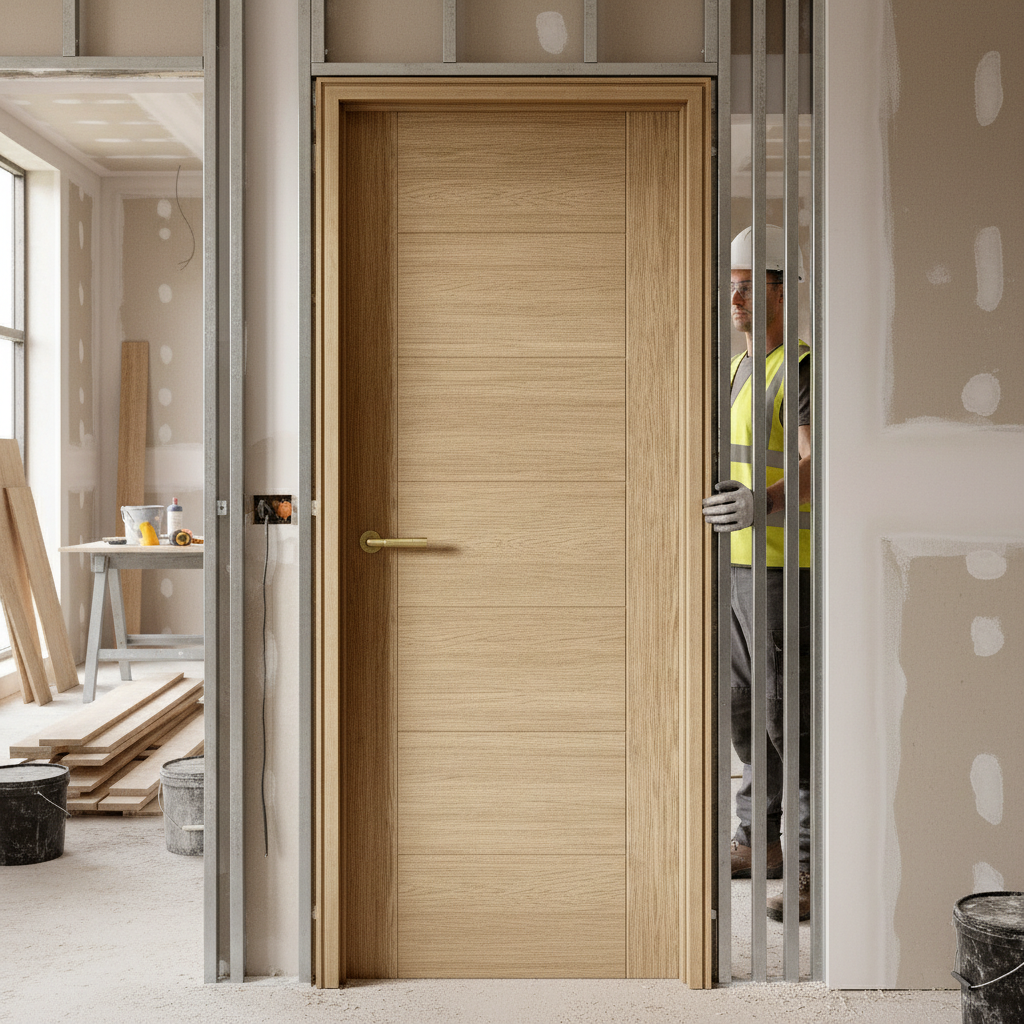 Premium Contemporary Oak 7 Panel Internal Fire Door with Engineered Construction and Unfinished Oak Veneer