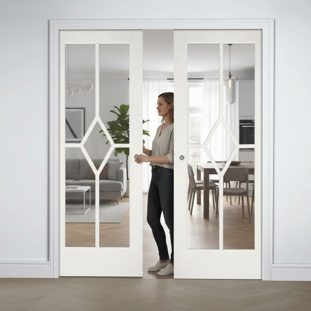 Premium Clear Glazed Double Pocket Door System with 5 Panels and Adjustable Frame Sizes for Stylish Home Transformation