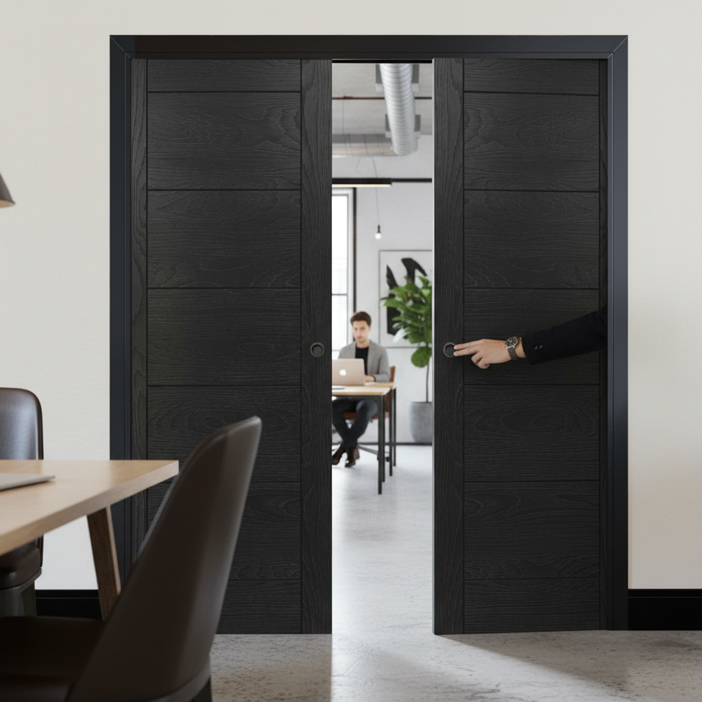 Premium Brushed Black Double Pocket Door Set with Adjustable Frame and Maintenance-Free Track System