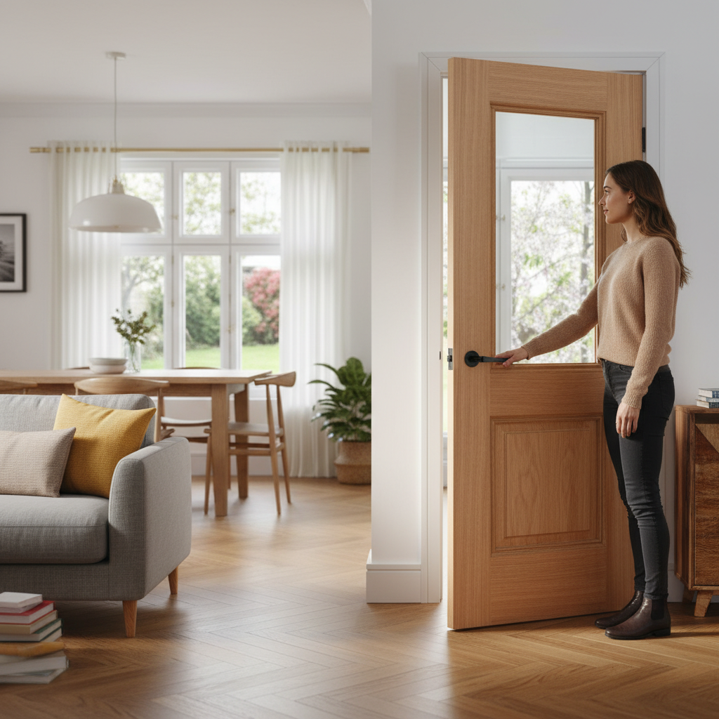 Premium Fully Finished Glazed Internal Door with Engineered Oak Veneers and Clear Tempered Glass