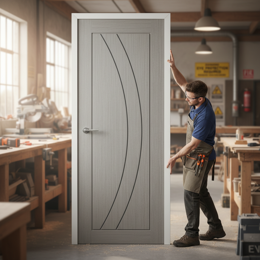 Premium Light Grey Internal Fire Door with Curved Grooves, FD30 Rating, and Solid Construction - Fully Finished, Ready to Hang