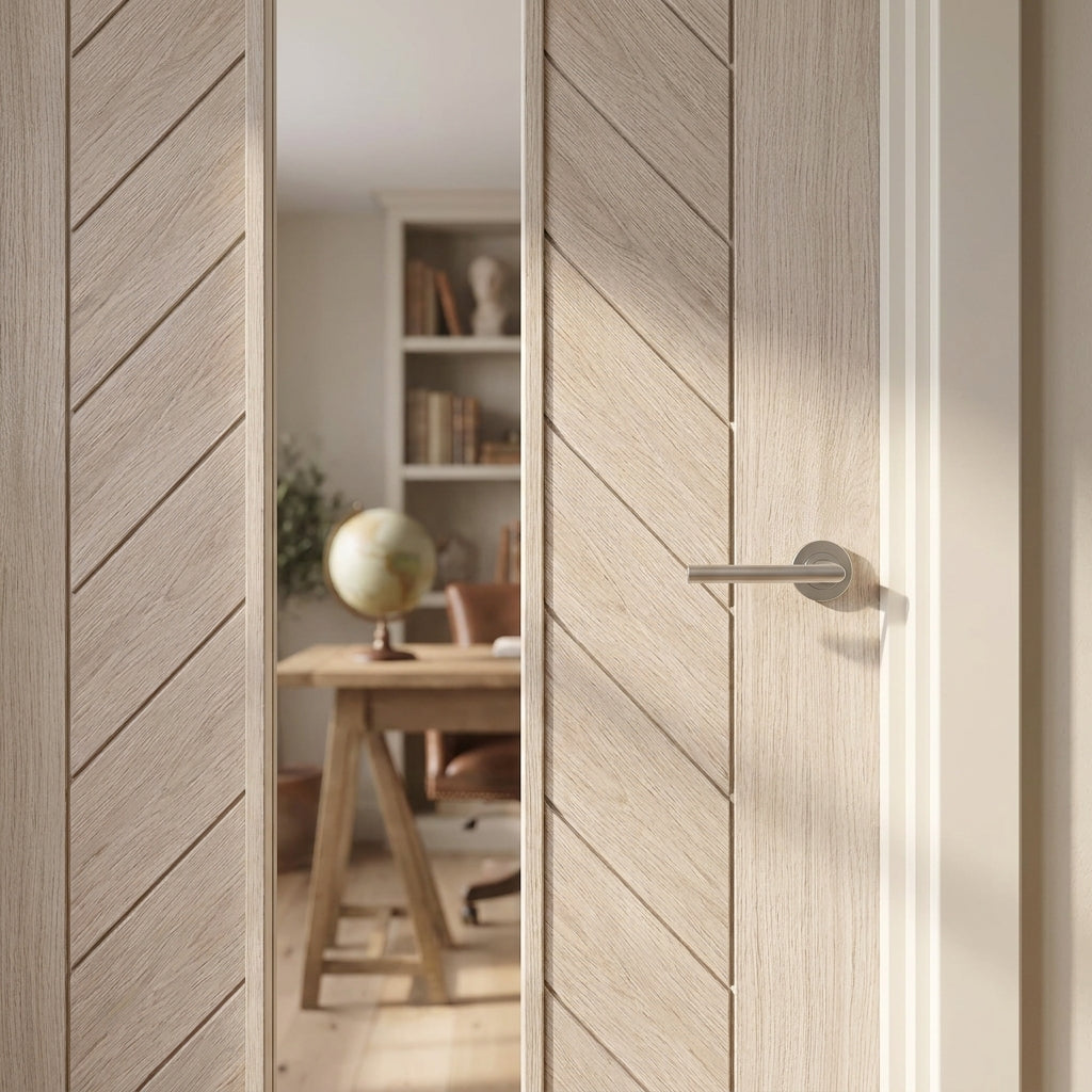 Ivory Fully Finished Internal Chevron Door with Clear Glass, Hollow Core - detail view