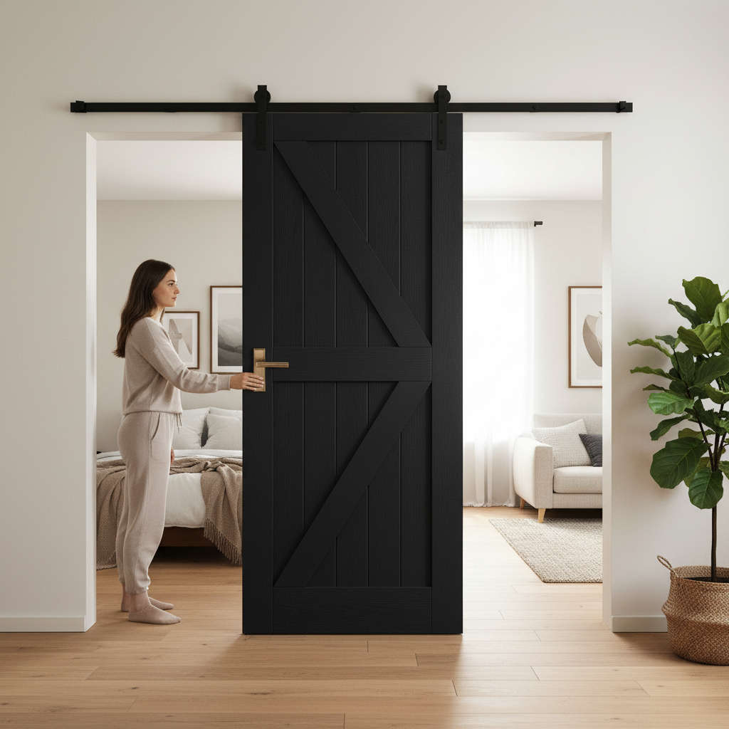 Premium Internal Fully Finished Oak Barn Door with Elegant Black Finish and Durable Construction for Stylish Home Entryways - Image 2