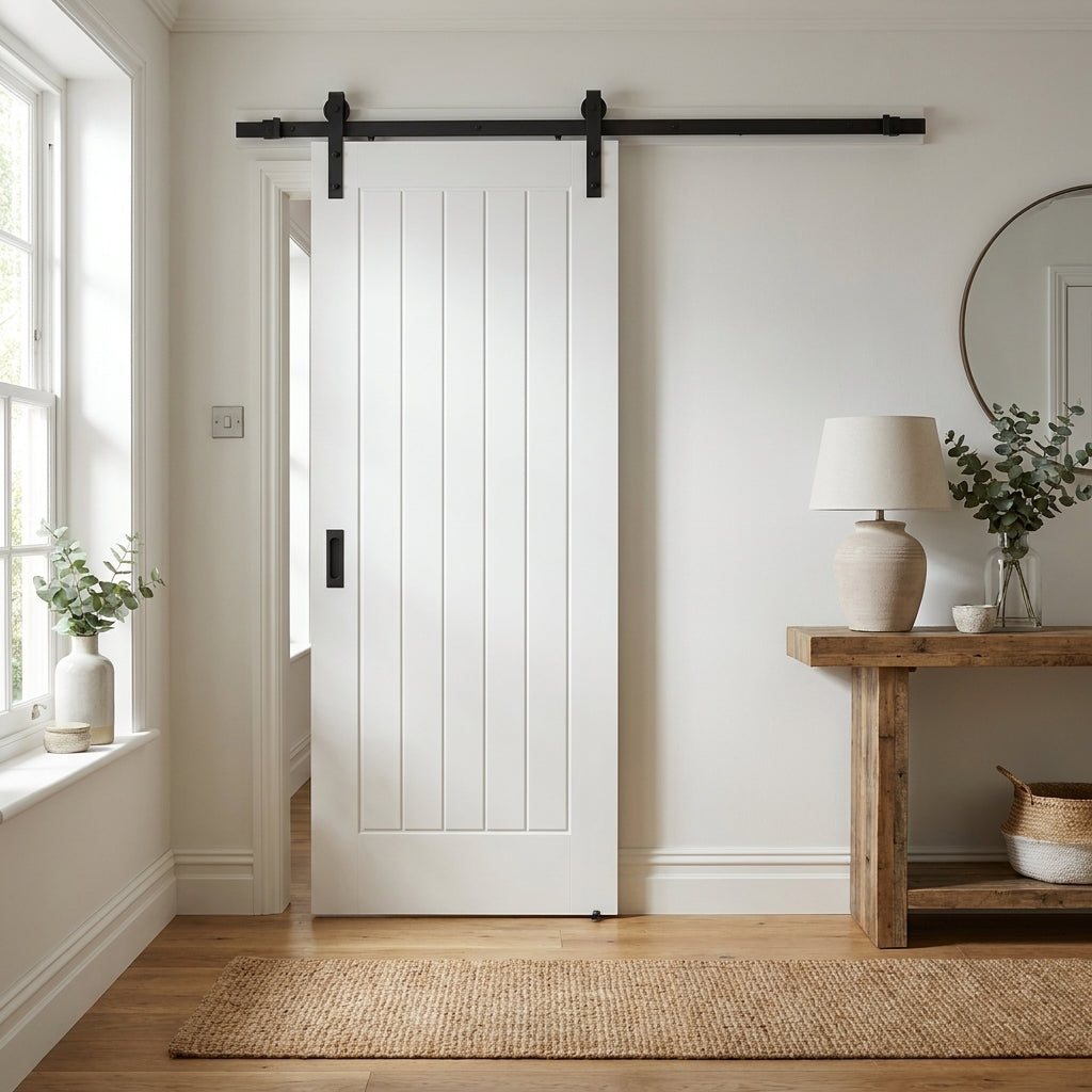 Internal White Cottage Sliding Door - White Primed, 1 Panel, Black Top Mounted