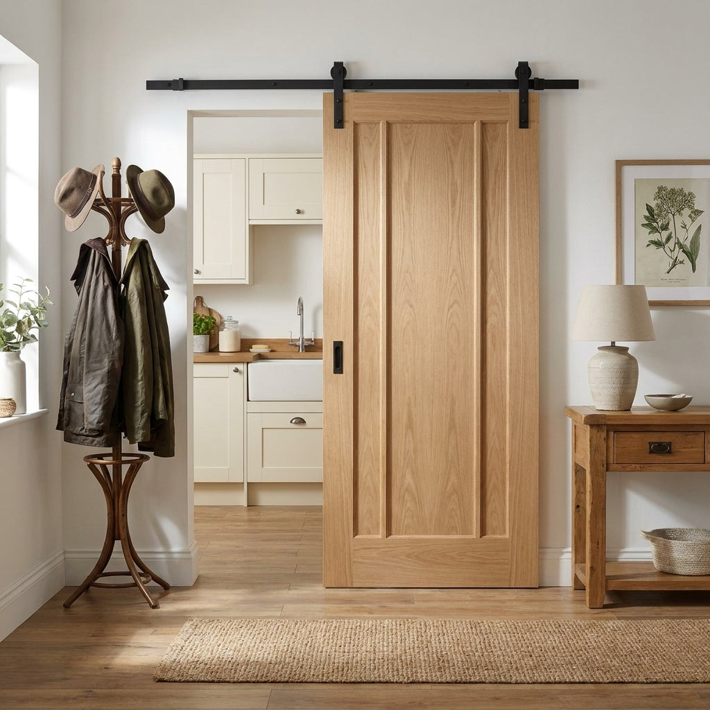 Internal Oak Sliding Door, Unfinished, 3 Panel, Black Top Mounted