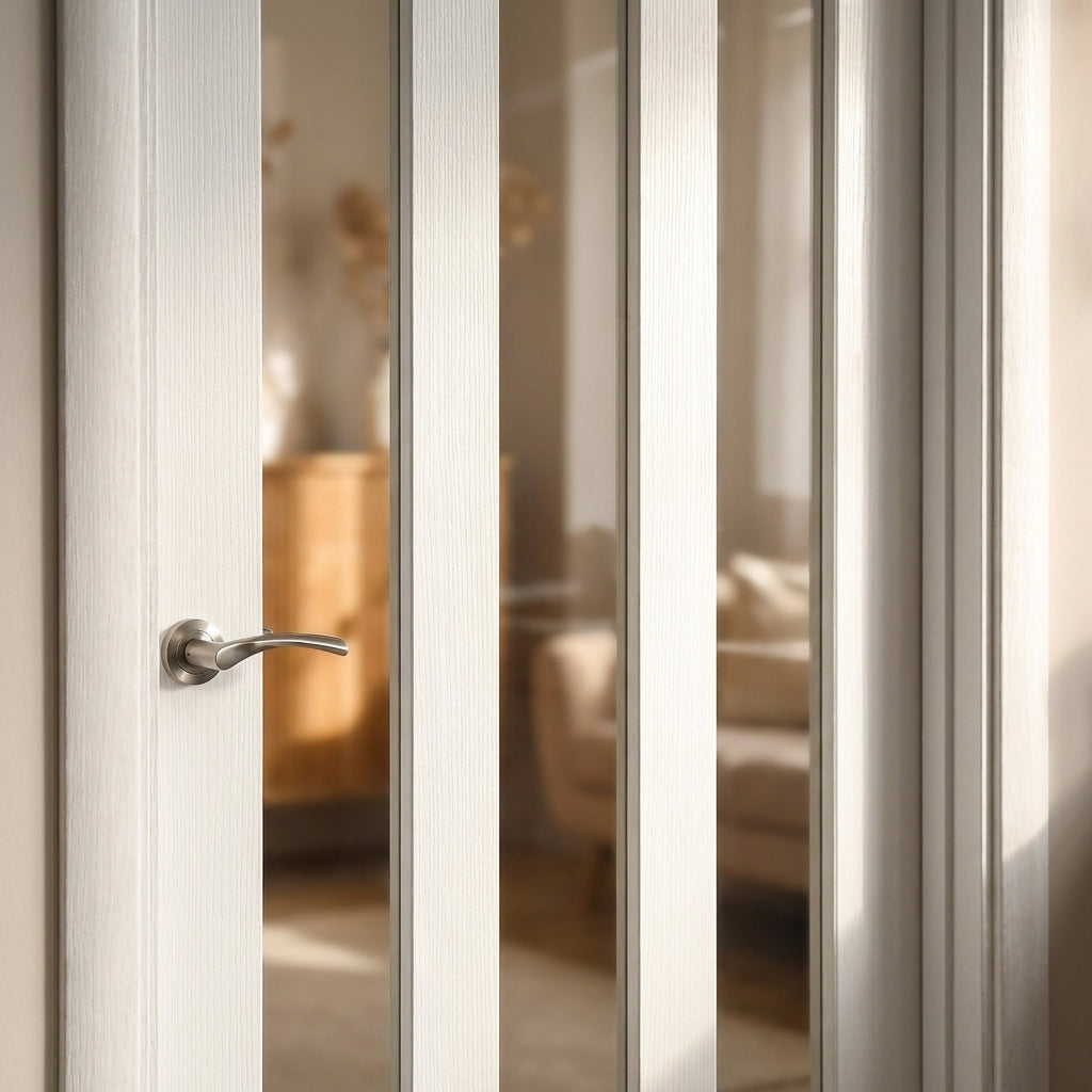 Internal White Door with Primed Finish and 3 Light Clear Glass - detail view
