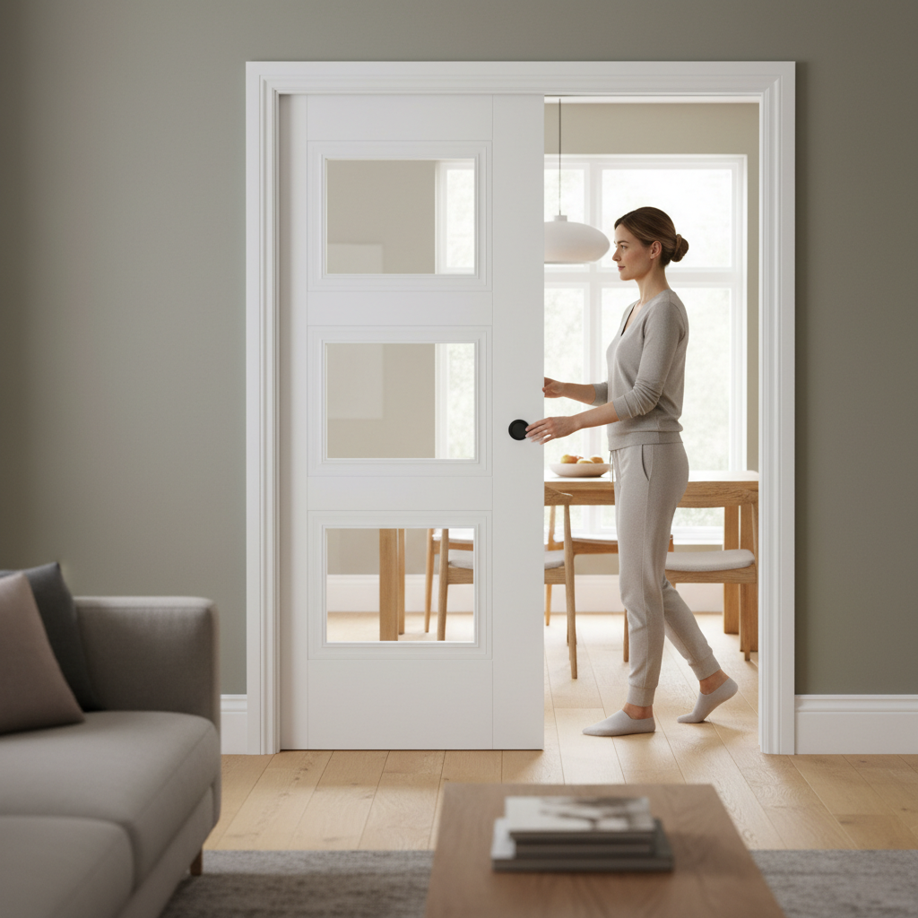 Premium 3L White Primed Glazed Pocket Door Set with Galvanised Steel Frame for Space-Saving Design