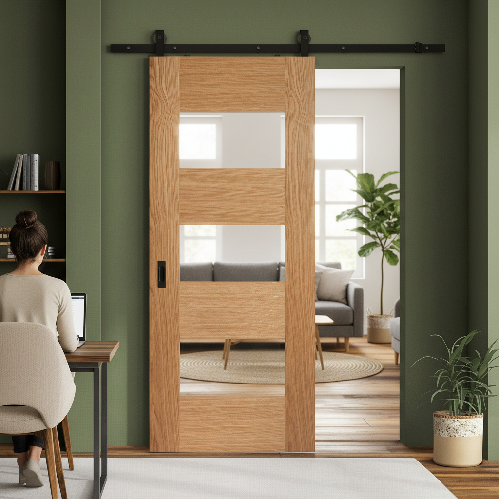 Internal Fully Finished 7 Panel Sliding Door with Clear Glass, Black Top Mounted System for Modern Interiors - Image 2