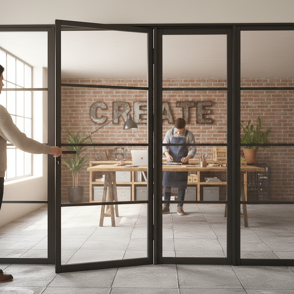 Premium Industrial Style Offset French Doors with Side Panel - Modern Design, Multiple Sizes, and Matt Black Hardware Options