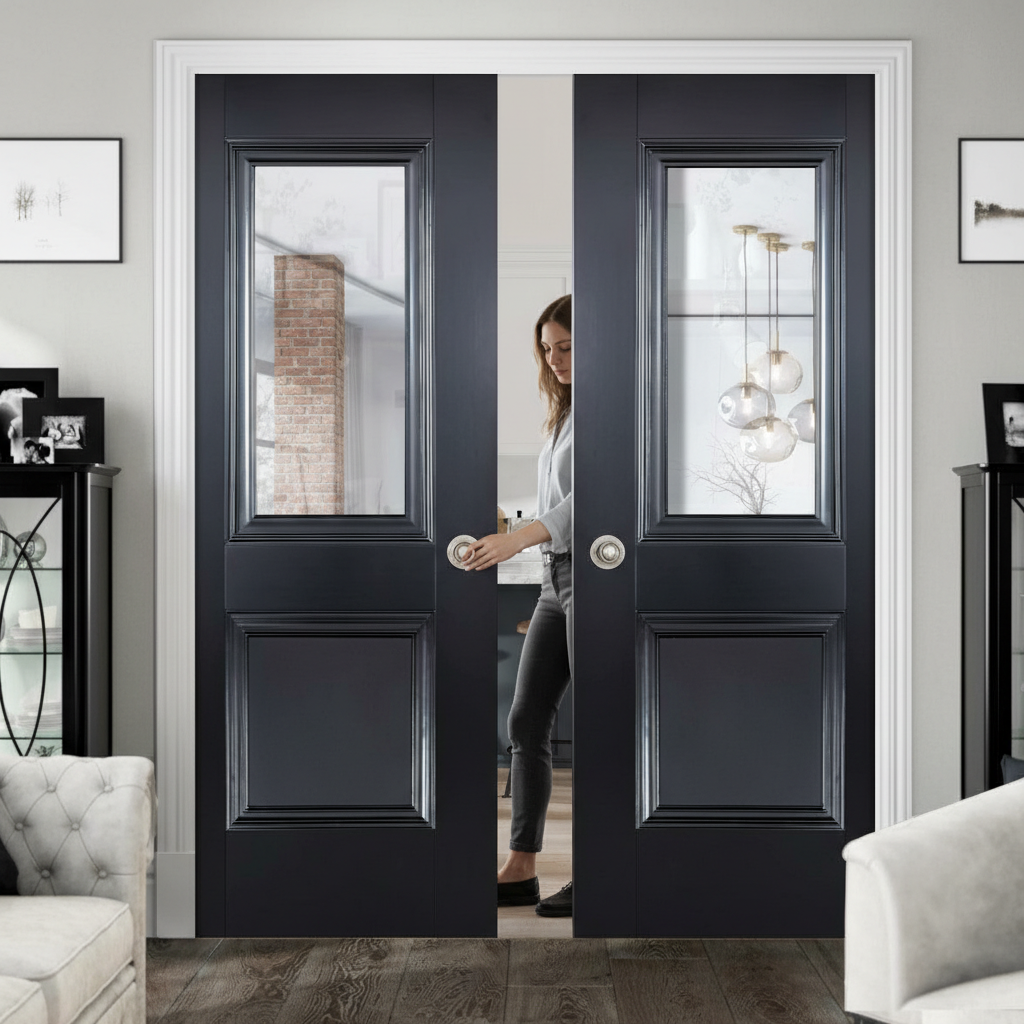 Premium Clear Glazed Double Pocket Door Set with Elegant Panels and Galvanised Steel Frame for Space-Saving and Versatile Use
