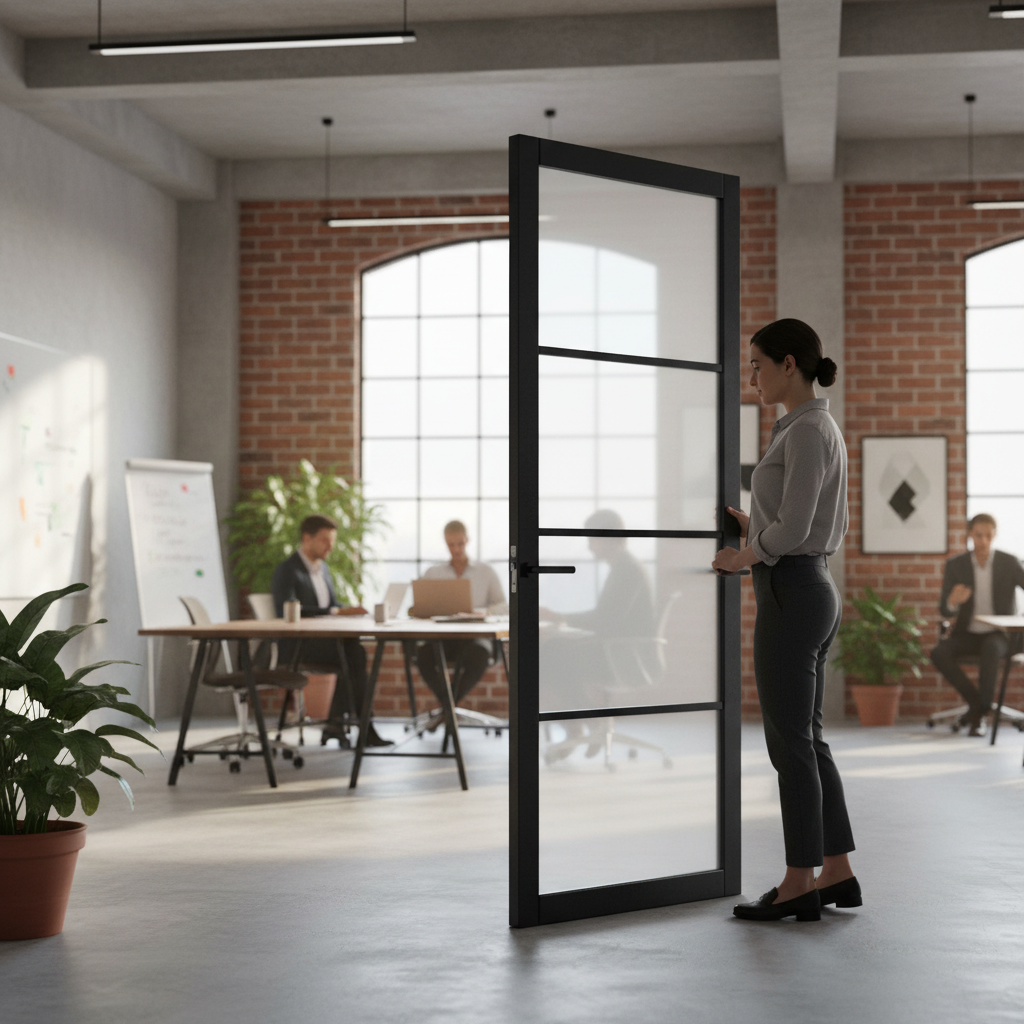 Premium Internal Fully Finished Industrial Studio 4 Light Obscure Glass Pair Door with Durable Black Finish and Contemporary Design