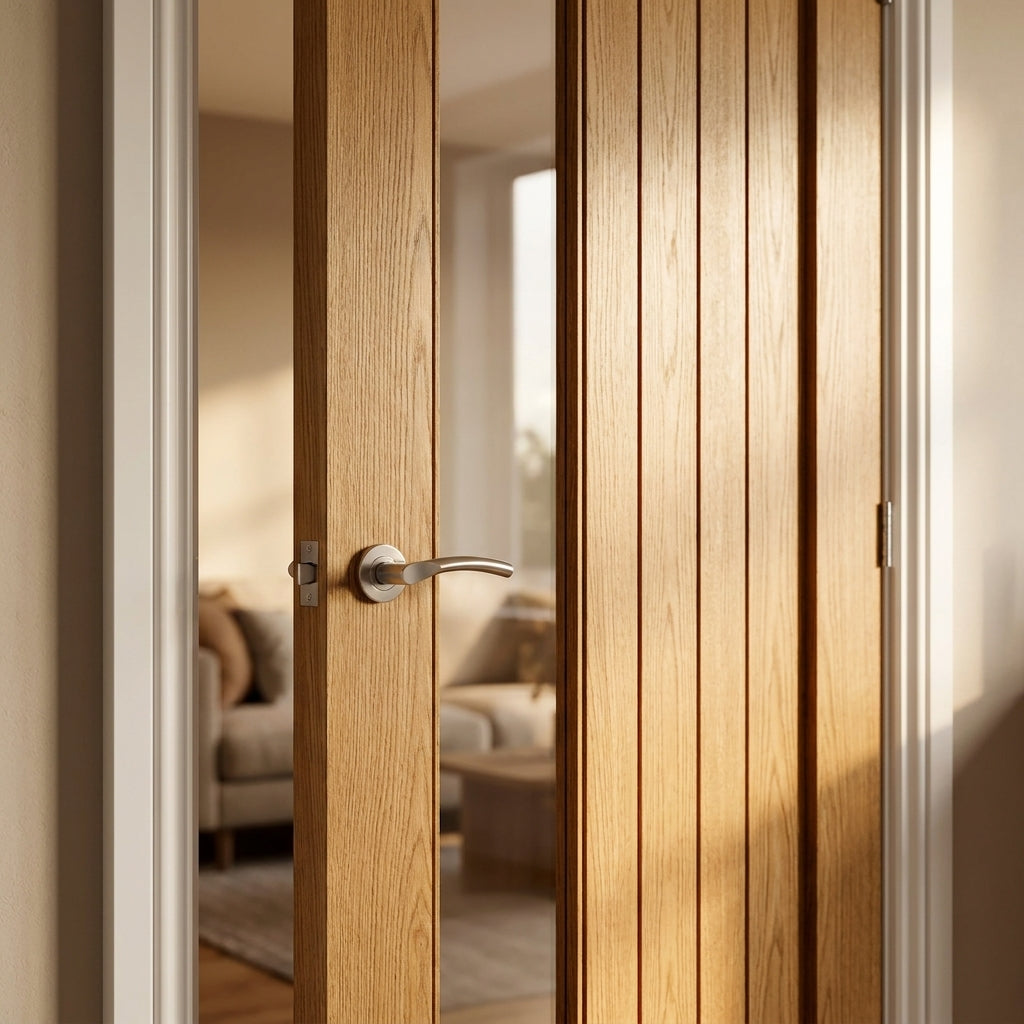Internal Oak Door Unfinished with 1 Light Clear Offset Glass - detail view