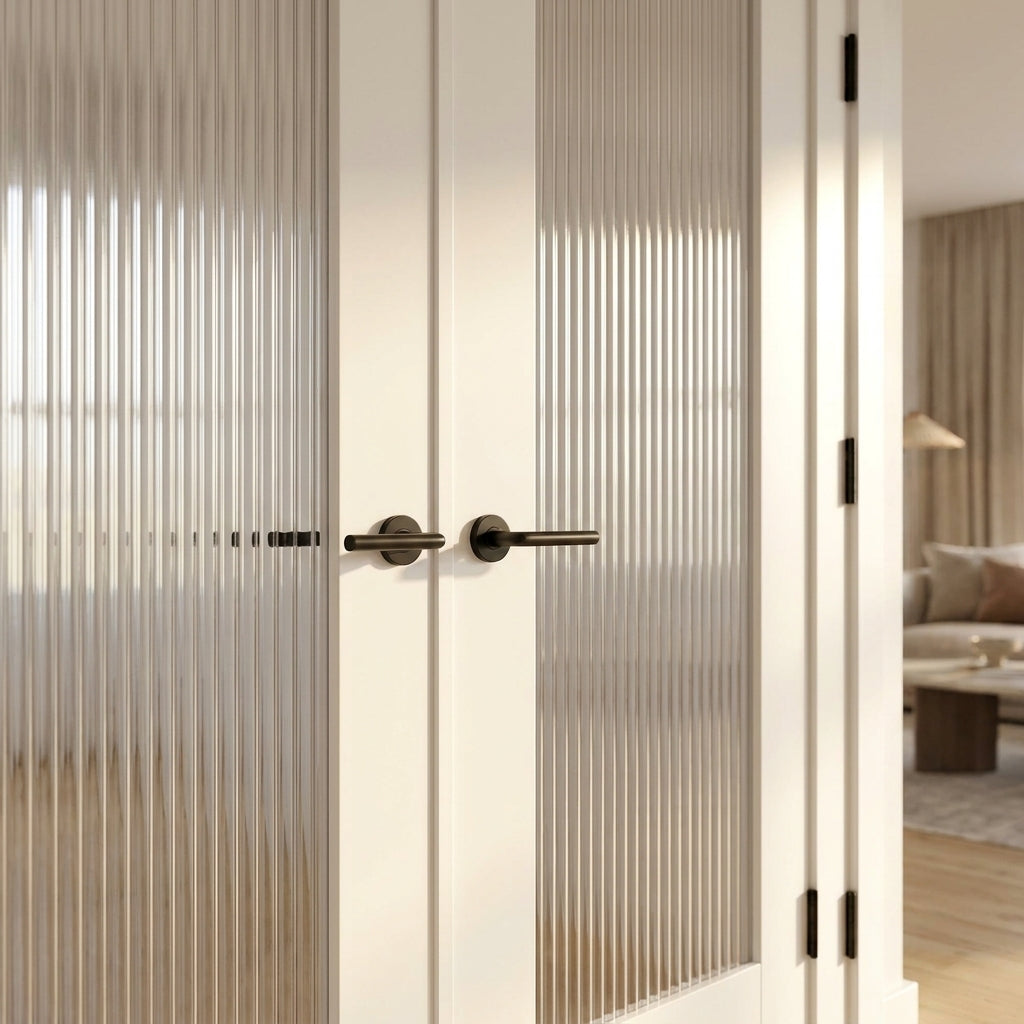 Internal White Double Door with 1 Light Reeded Glass, Primed Finish - detail view