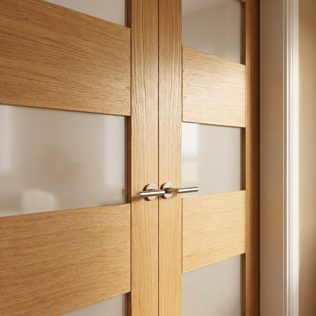 Internal Fully Finished Oak Edison 7-Panel Glazed Pair Door with 3 Lights - detail view