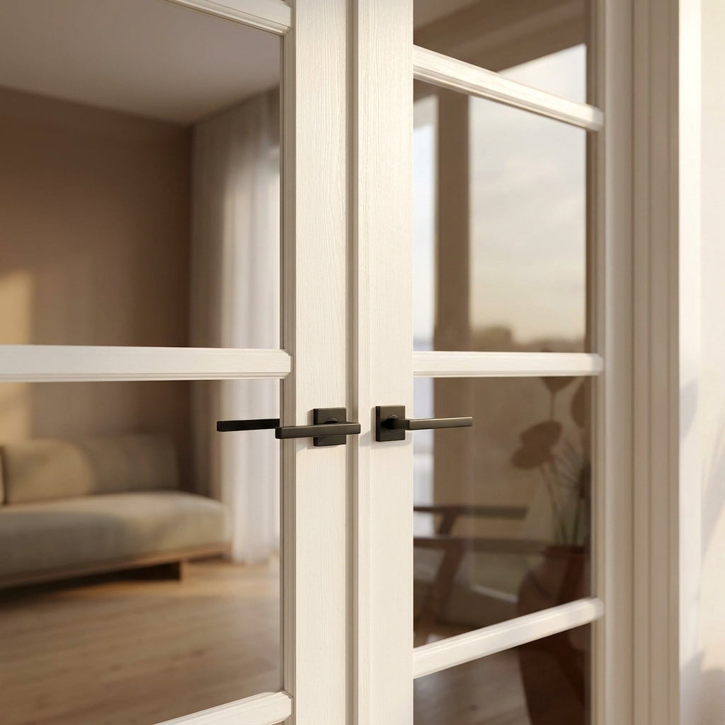 Internal White Double Door with Primed Finish and 4 Light Clear Glass Panels - detail view