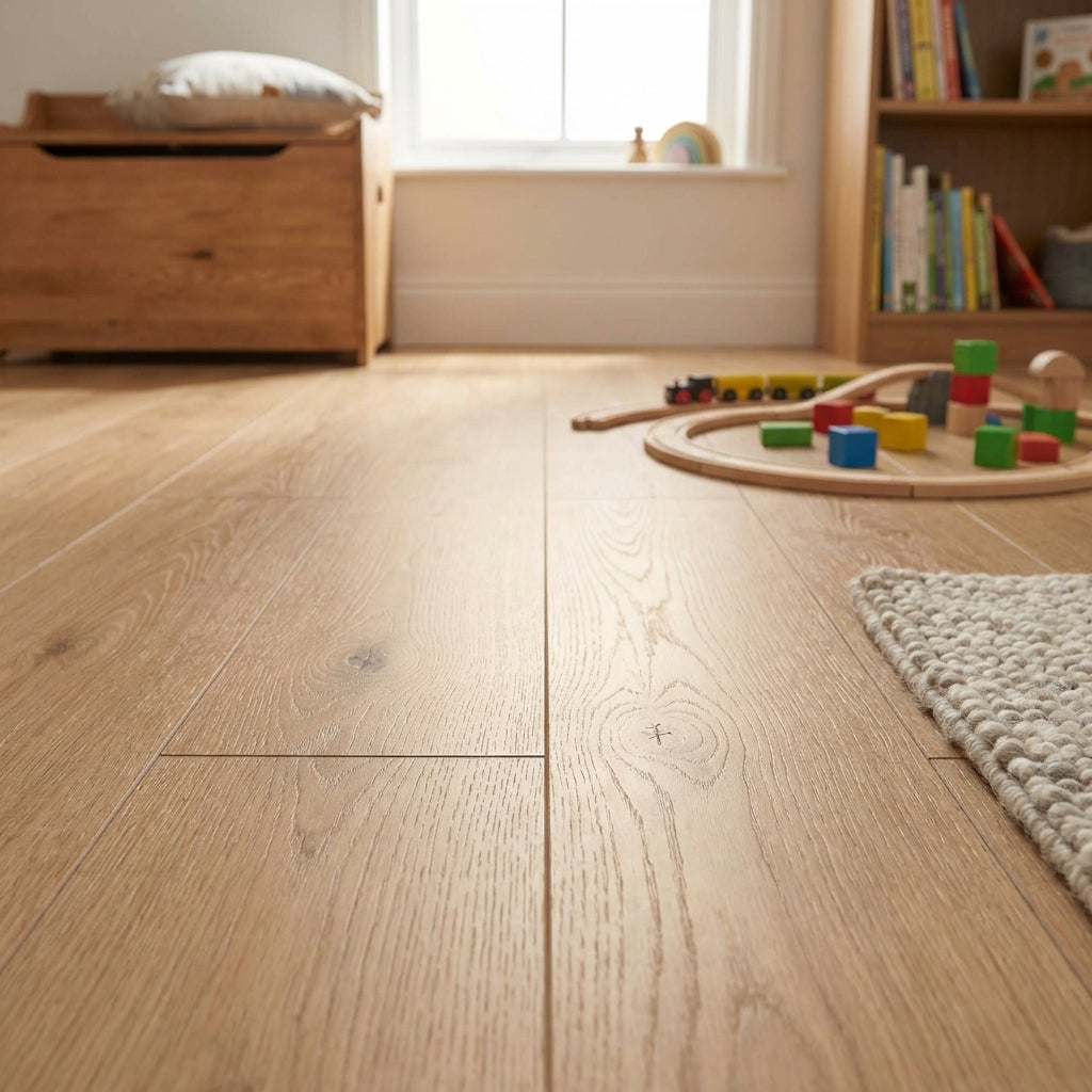 Fawn Oak 8mm Water-Resistant Laminate Flooring with 4V Bevel Edge - detail view