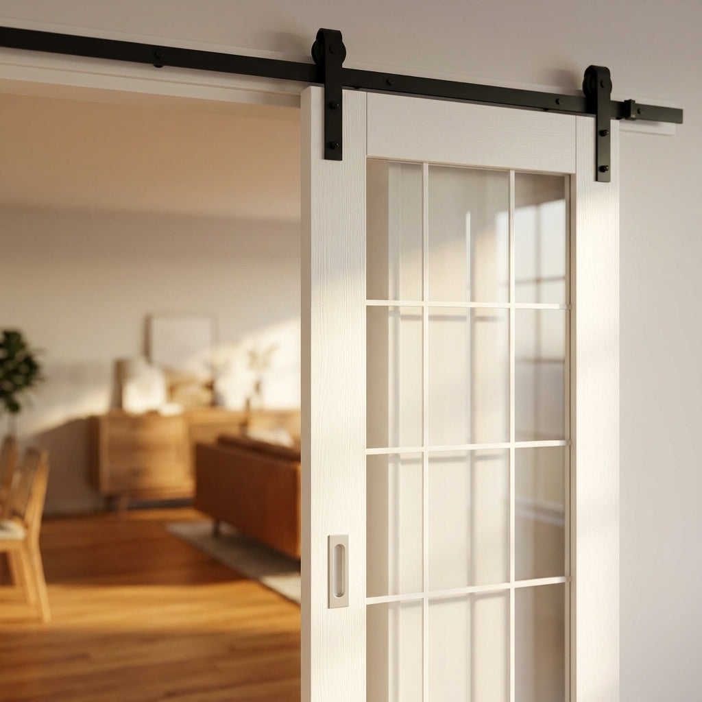 White Internal Sliding Door with Clear Glass and Obscured Lines, Primed Finish - detail view
