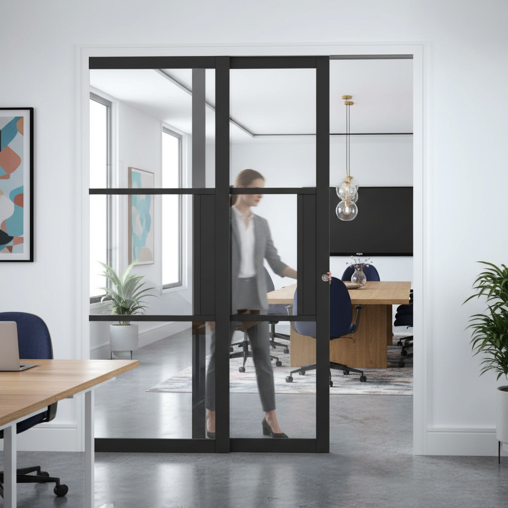 Premium Telescopic Pocket Door System with Clear Glass Panels and Adjustable Features for Efficient Space Management
