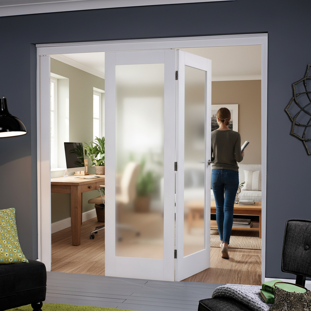Premium Frosted Glazed Bifold Doorset with White Primed Design, Multiple Configurations and Sizes for Elegant Home Transformation