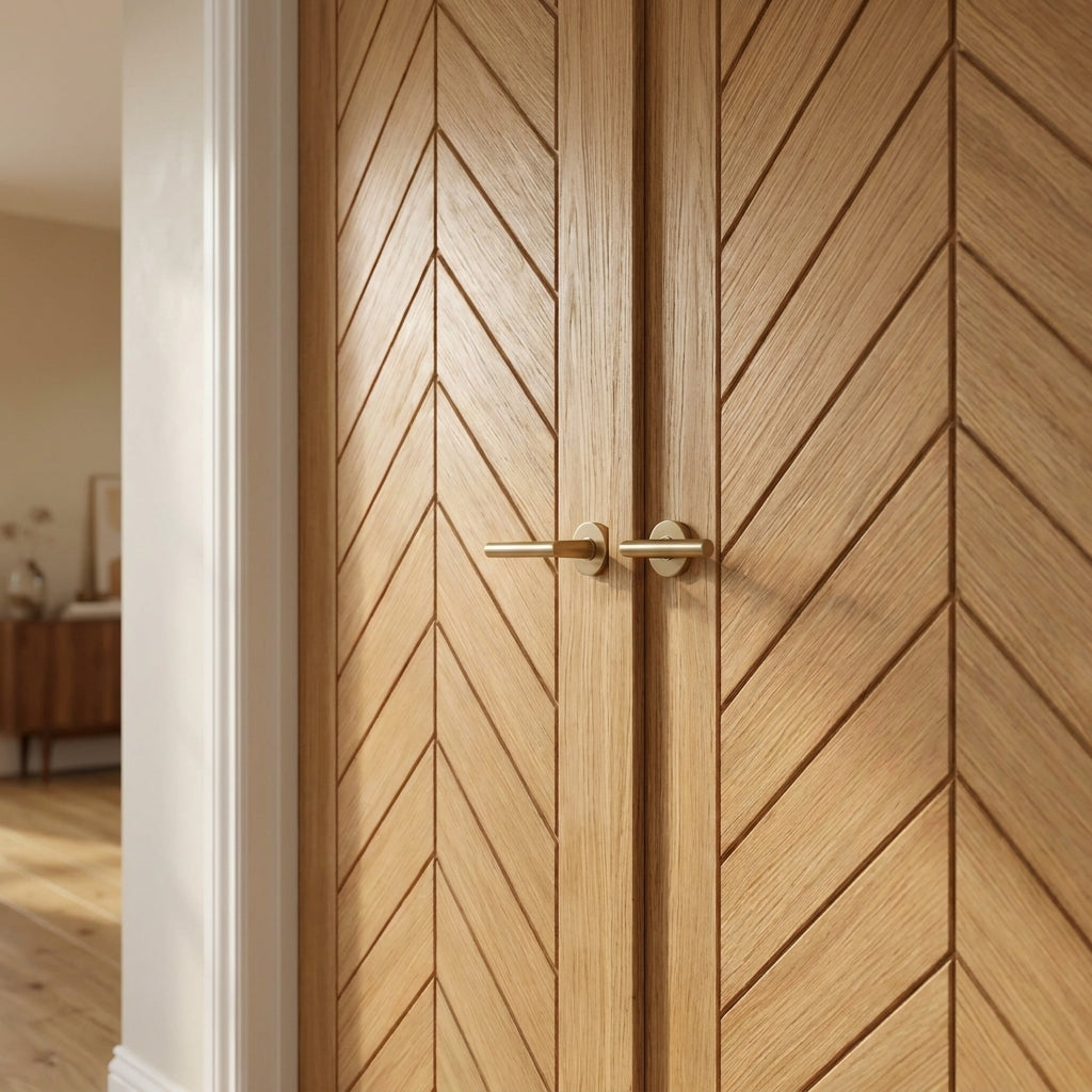 Internal Oak Door Fully Finished Chevron Double Design - detail view