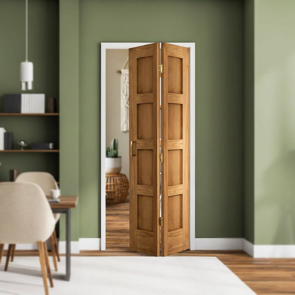 Bi-fold Oak Internal Door Unfinished Shaker 4 Panel Solid Engineered Core - detail view