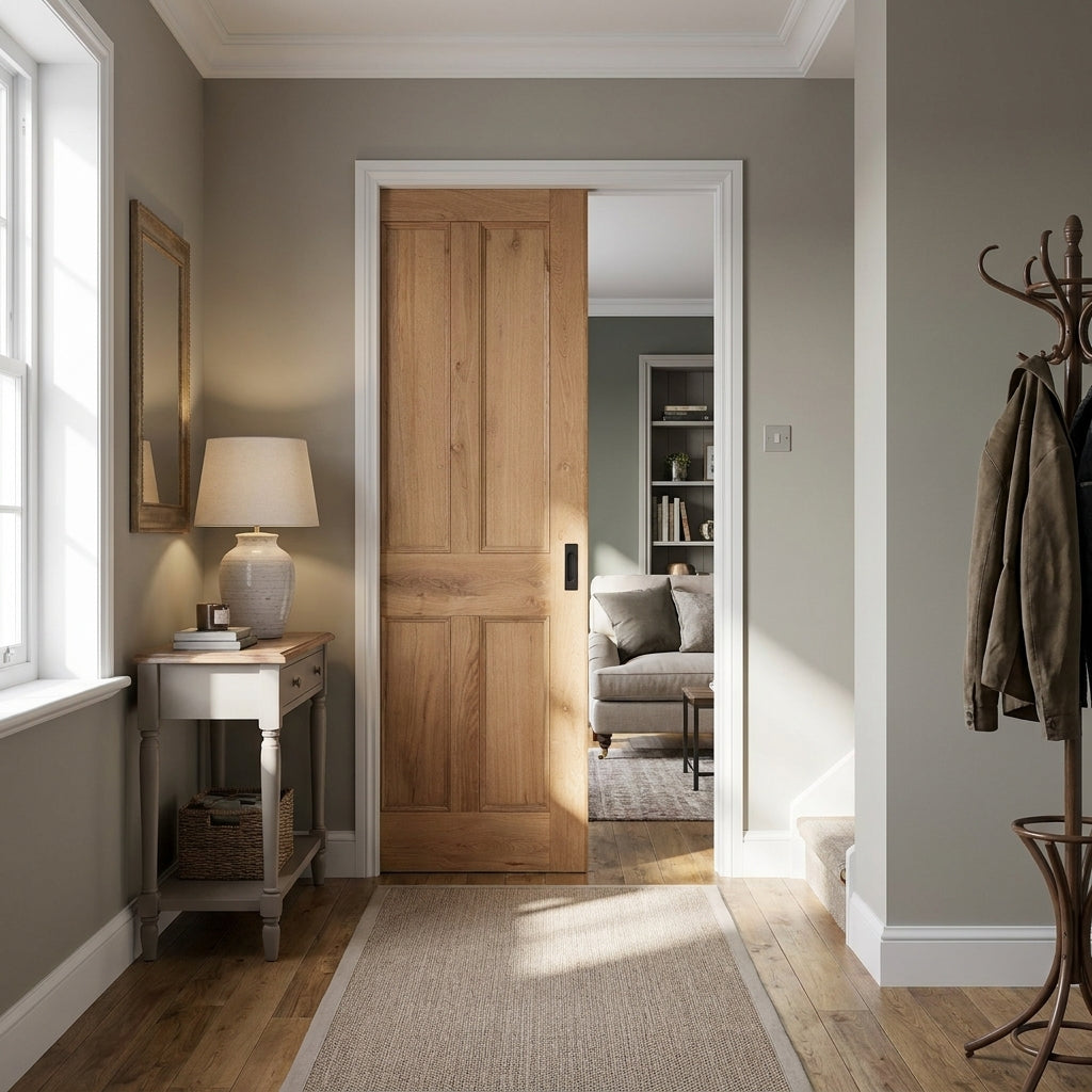 Fully Finished Internal Pocket Door Set 100mm Victorian 4 Panel Rustic Oak