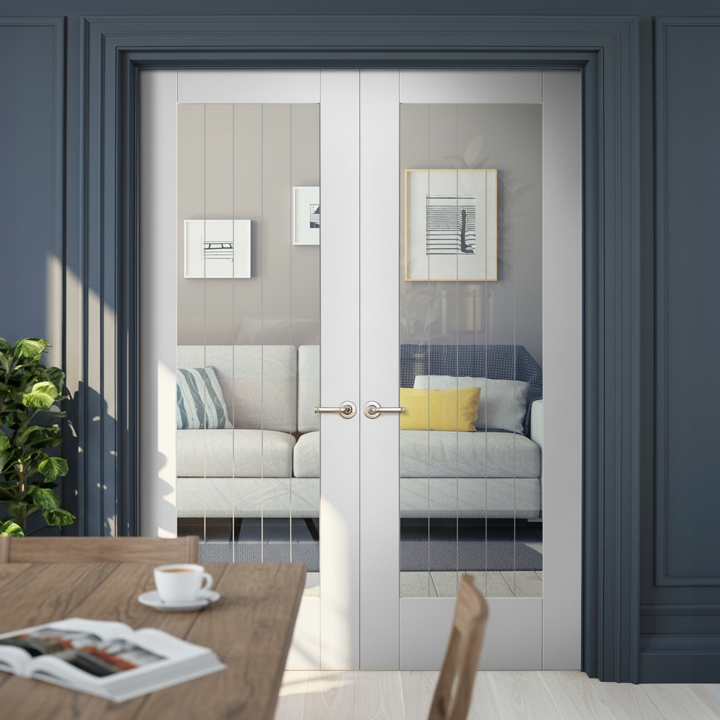 Premium Internal White Primed Cottage Door Pair with Clear Glass and Obscure Lines for Modern Elegance and Privacy