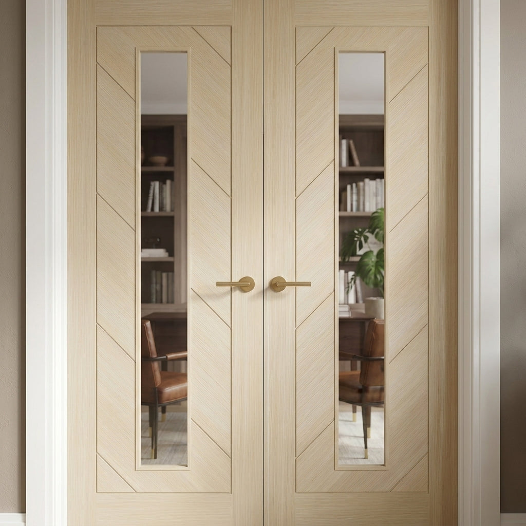 Internal Double Door in Blonde Oak with Clear Glass, Fully Finished - detail view