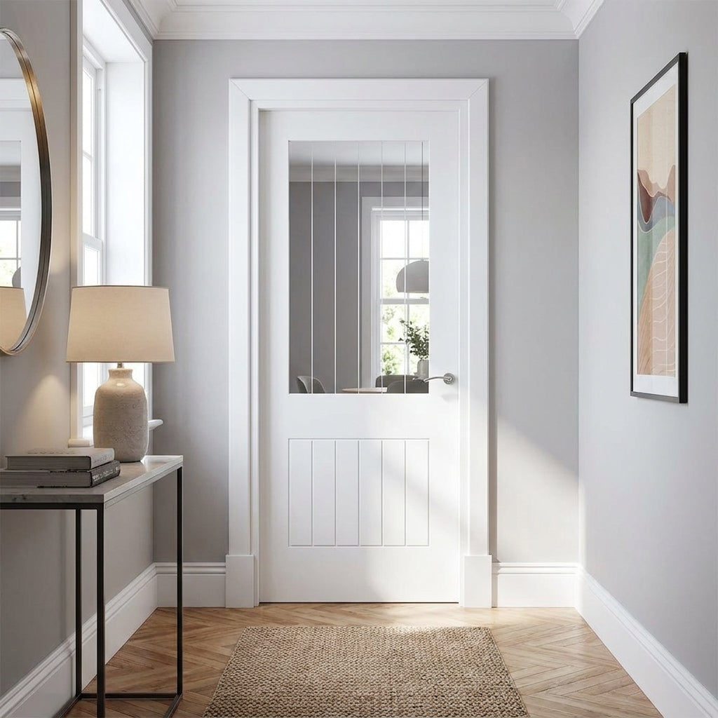Made-to-Measure Internal White Cottage Door with Primed Finish and 1 Light Etched Glass