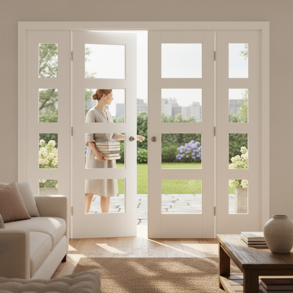 Premium White Shaker 4 Light French Doors with Clear Glazed Demi Panels and Universal Frame for Unique Room Dividers