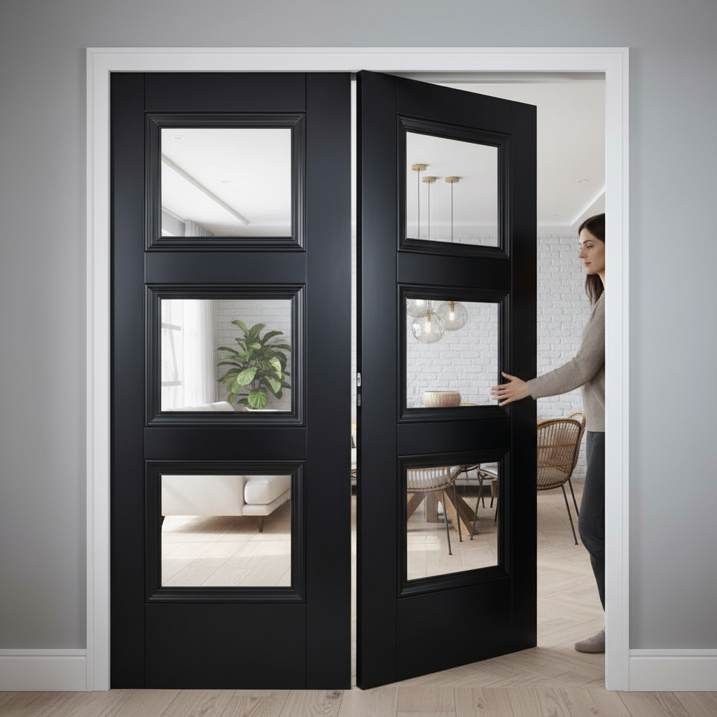 Premium Telescopic Pocket Door System with 3 Glazed Panels, Black Finish, and Comprehensive Timber Lining Kit