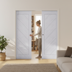 Premium Double Pocket Door Set with Diagonal Grain Pattern and Galvanised Steel Frame for Space Efficiency