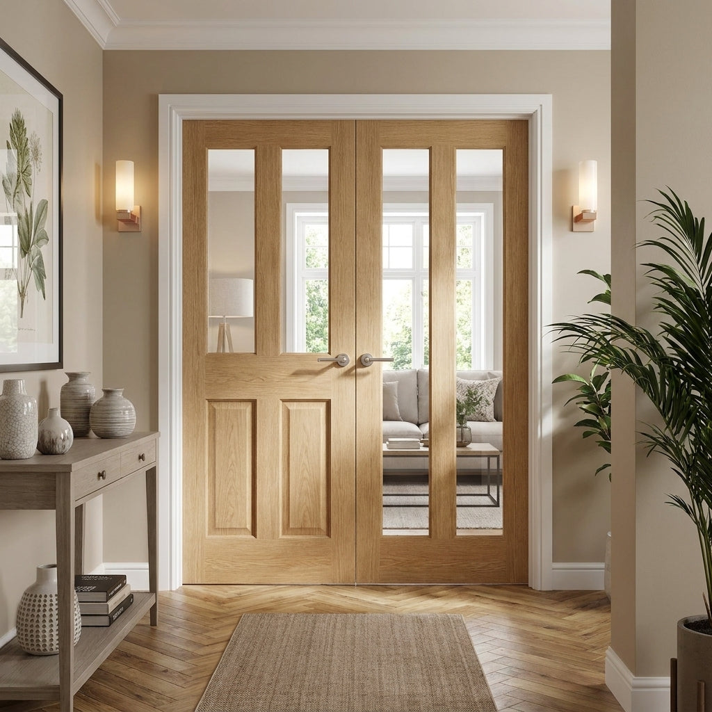 Internal Oak French Door Unfinished 2 Panel 2 Light Clear Bevelled Glass
